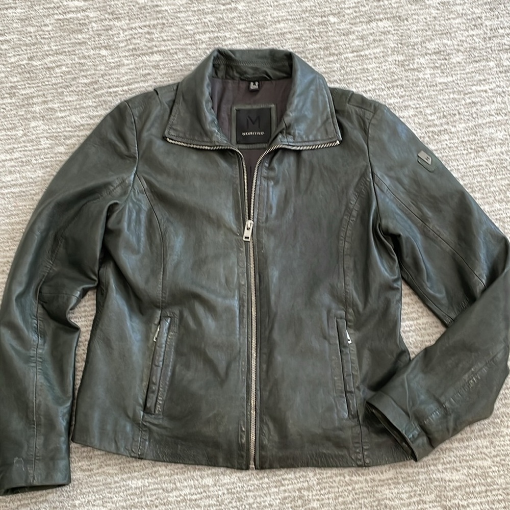 Mauritius Lambskin Leather Jacket Womens Size 12 Large Dark Grey Green Full Zip - Picture 10 of 15